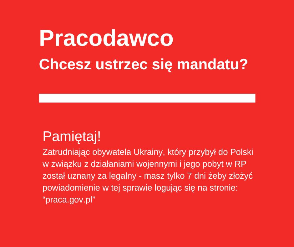 Pracodawco chcesz ustrzec się mandatu? Pamiętaj! Zatrudniając obywatela Ukrainy, który przybył do Polski w związku z działaniami wojennymi i jego pobyt w RP został uznany za legalny - masz tylko 7 dni żeby złożyć powiadomienie w tej sprawie logując się na stronie: "praca.gov.pl"